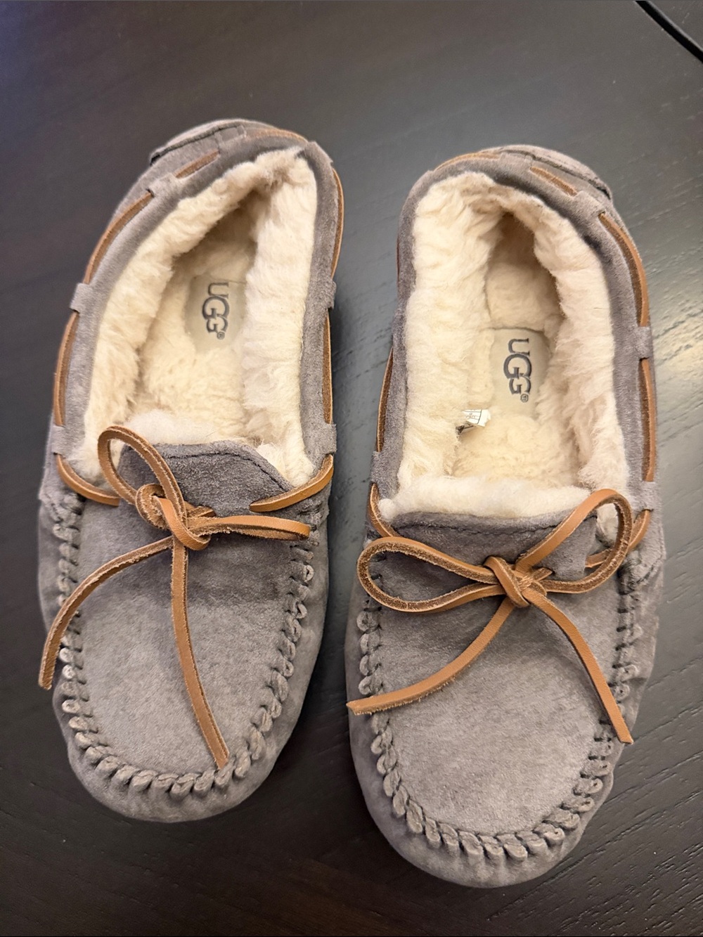 UGG Women's Gray Suede Moccasin Slippers with Shearling Lining